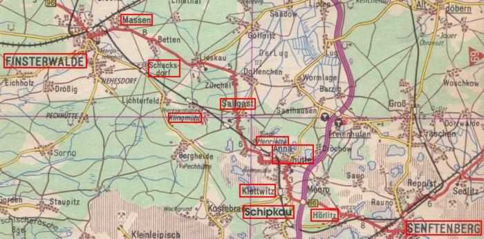 Kartenauszug von 1960 der Schipkau-Finsterwalder Eisenbahn